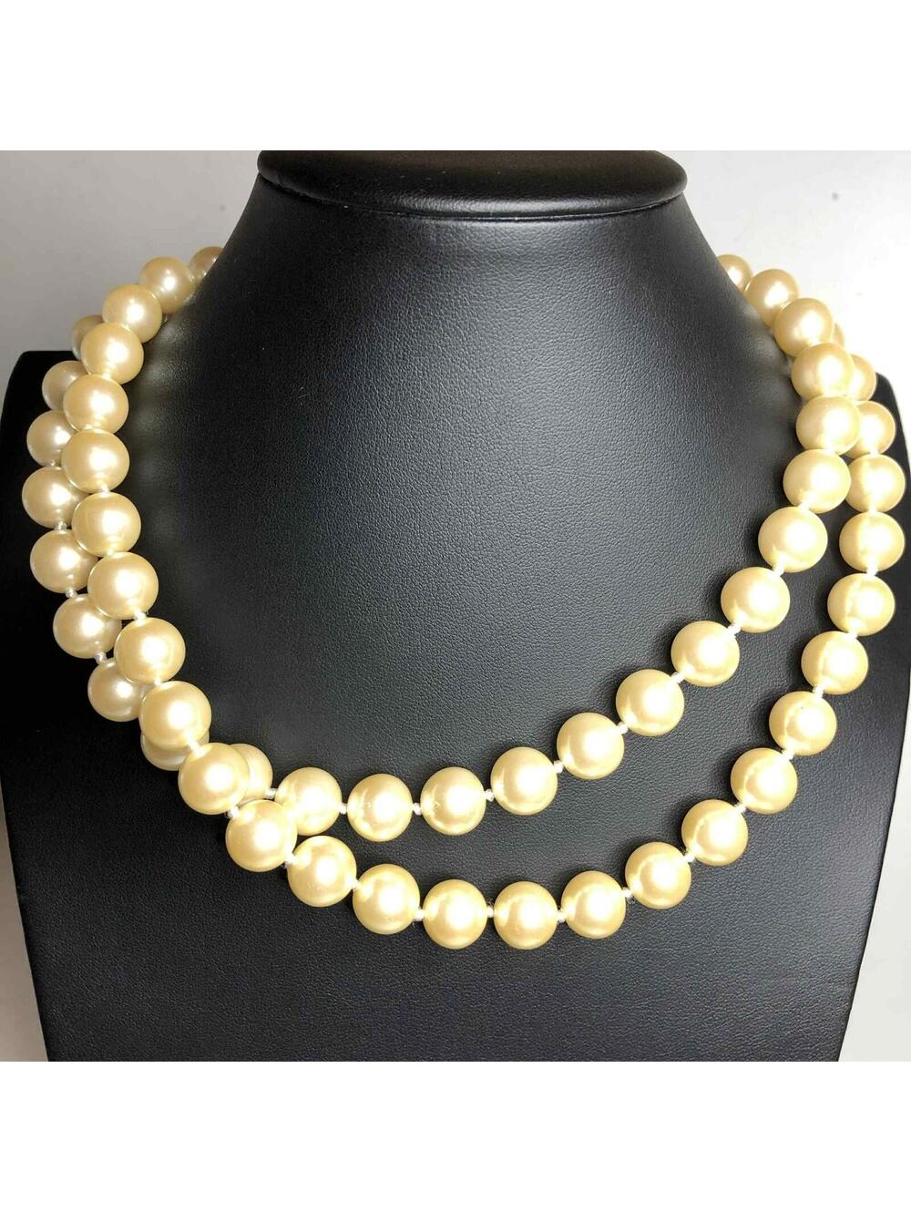 7697 VNTG Necklace Carolee 2-Strand Box clasp MCM Knotted Faux Pearl Goldtone 18